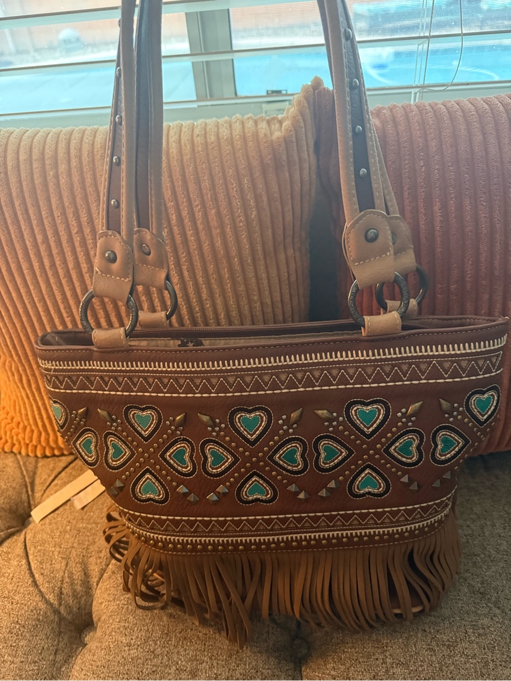 Brown Fringe Leather Tote Bag with Teal Heart Embroidery